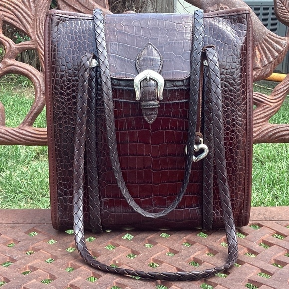 Vintage Brighton Mahogany Silver Flap Top Croc Embossed Leather Messenger Bag - Picture 2 of 9